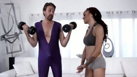 Weird looking fitness instructor can't wait to lick Julie Kay's snatch