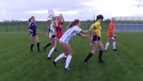 Hot soccer playing chicks play the game topless and naked