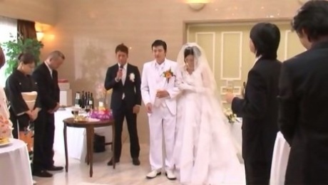 Japanese bride gets fucked by a few men after the ceremony