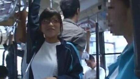 Japanese Babe In Glasses Gets Ass Fucked in A Public Bus