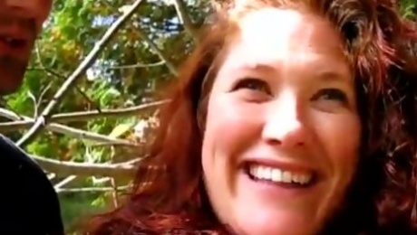 Giggling curly red haired BBW wanna be fucked doggy in the forest