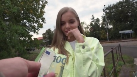 Slutty blonde is pleasing a fat cock public agent for money outdoors