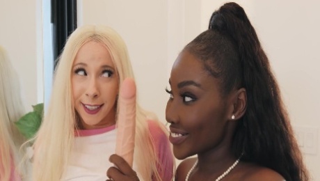 Ebony and blonde slut in full toy glory
