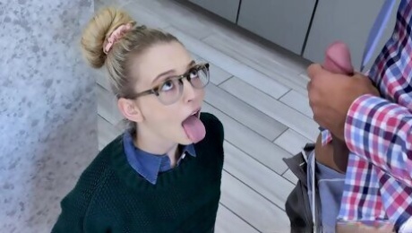 Sexy blonde housewife in glasses Lily Larimar is fucked from behind in the kitchen