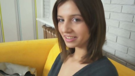 Cute brunette Russian teen blows meaty dick of grey-haired lover