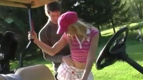 Horn-mad golf player Candy Kiss is eager to suck delicious cock outdoors