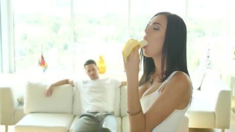 Attractive brunette Marley Brinx is eating banana before making love with her boyfriend