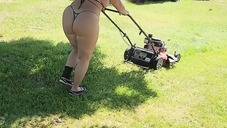 Got back to find wife mowing in a thong bikini, her ass and thighs jiggling with every step