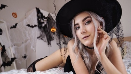 Cute horny witch gets facial and swallows cum - Eva Elfie