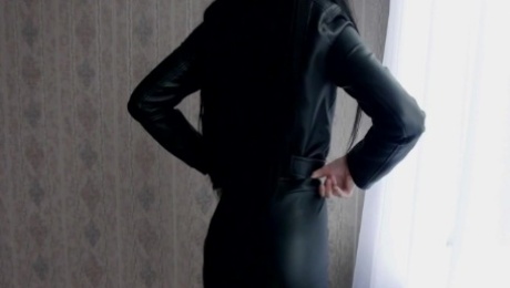 Petite wife in leather clothes showing off her hot body