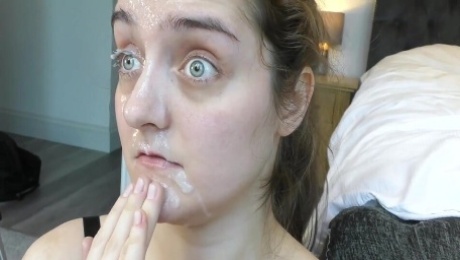 Big-eyed amateur girl gets her first huge facial
