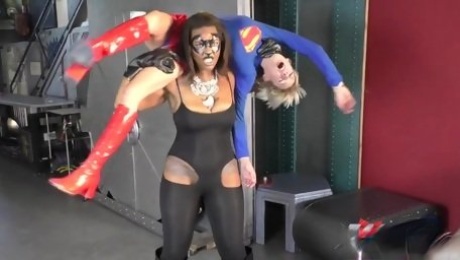 Superwoman - interracial lesbian cosplay - ebony chick wrestling tiny blonde