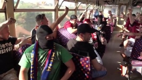 Exciting public porn: gangbang orgy on football fan bus